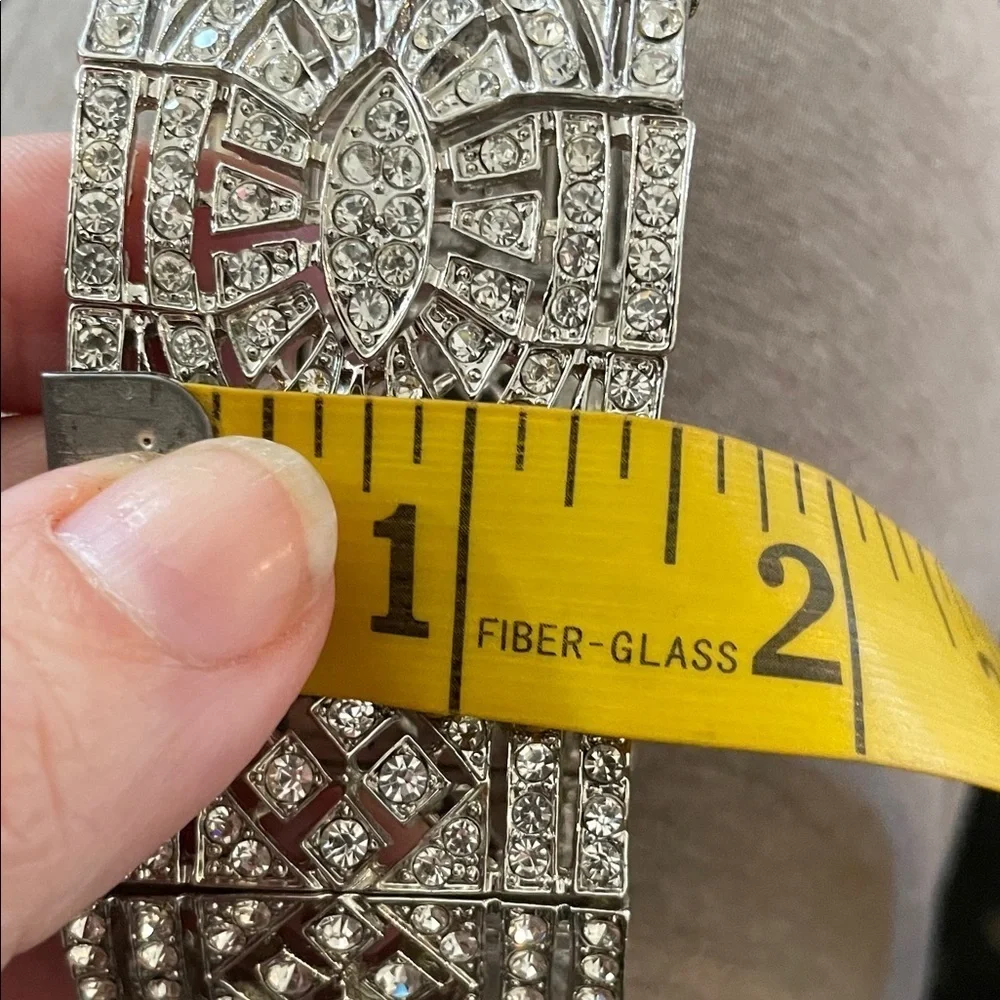 Silver Geometric Crystal Art Deco Cuff Stretch Bracelet